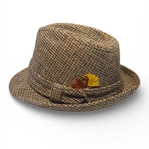 Dobbs Fifth Avenue Vintage Wool Brown Tweed Fedora Hat with a feather